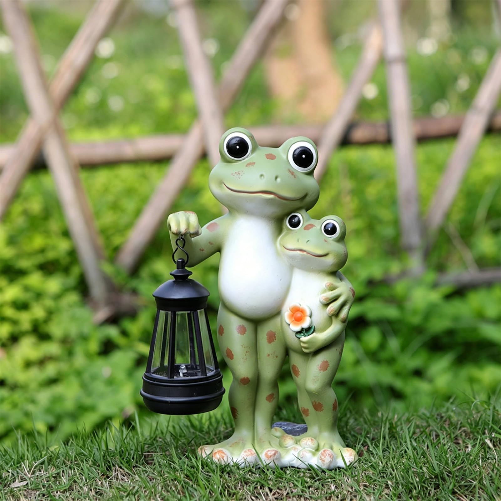 Statua Solare in Resina con Scultura Rana da Giardino, Green