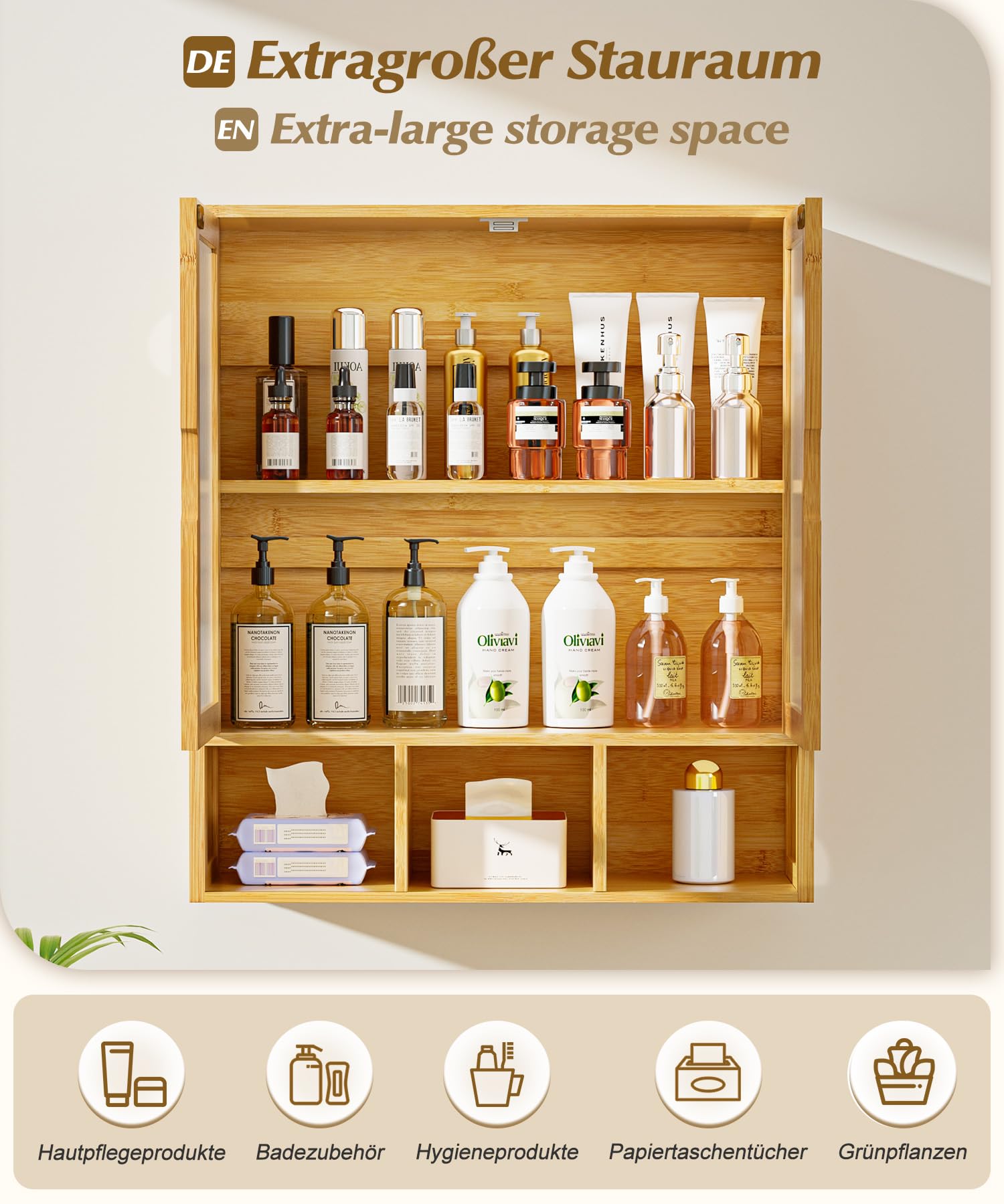 Yorbay Badezimmerschrank Hängend mit 2 Transparente Magnettür und Offenem Fach, Bambus Medizinschrank für Bad, Platzsparendes Wandschrank Küchenschrank, 22 x 59 x 66 cm (Bambusfarbe)