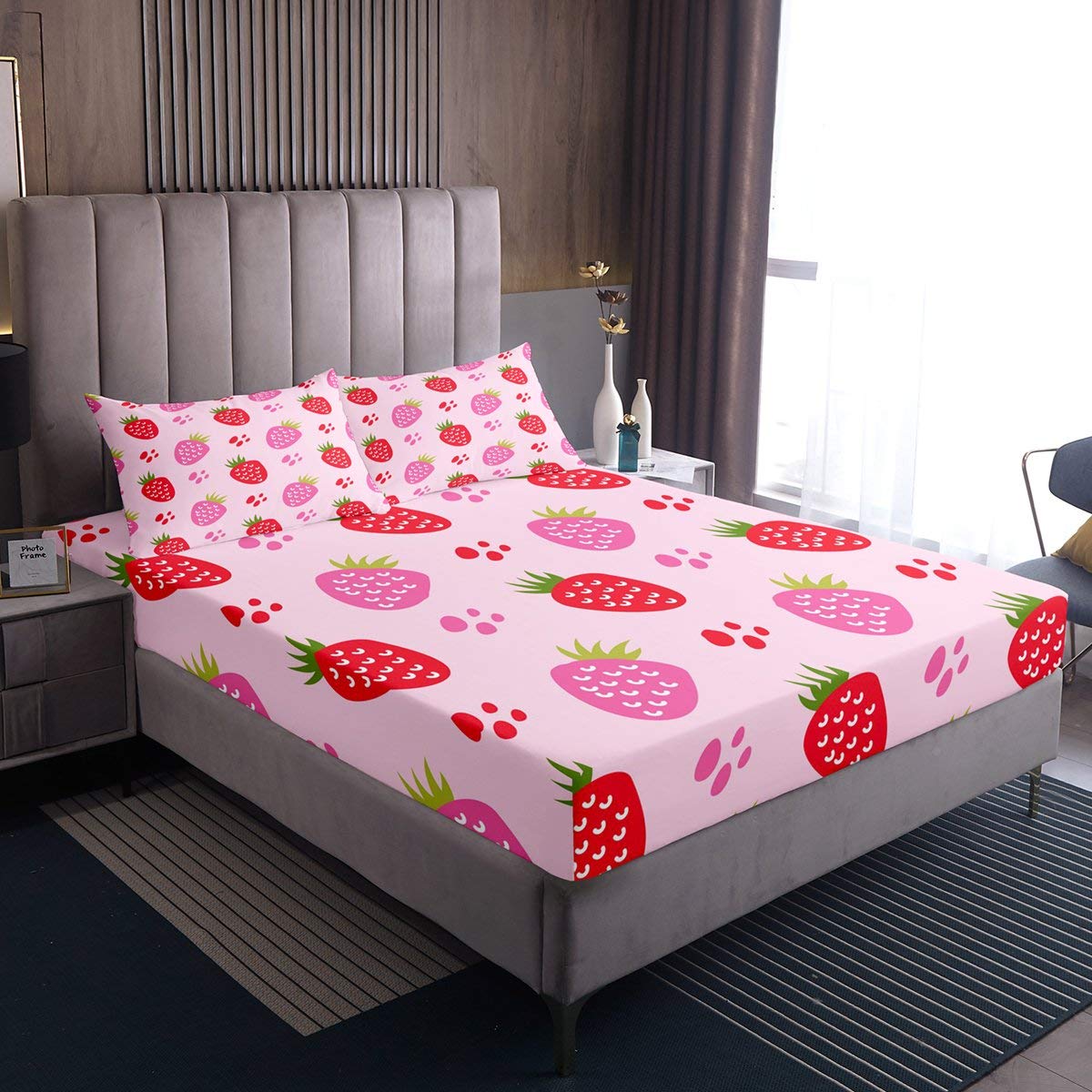 Set Biancheria Da Letto 7 Pezzi Con Fragole Kawaii Per Ragazze - Morbido, In Poliestere, Per Tutte Le Stagioni (Matrimoniale Rosa) - 4