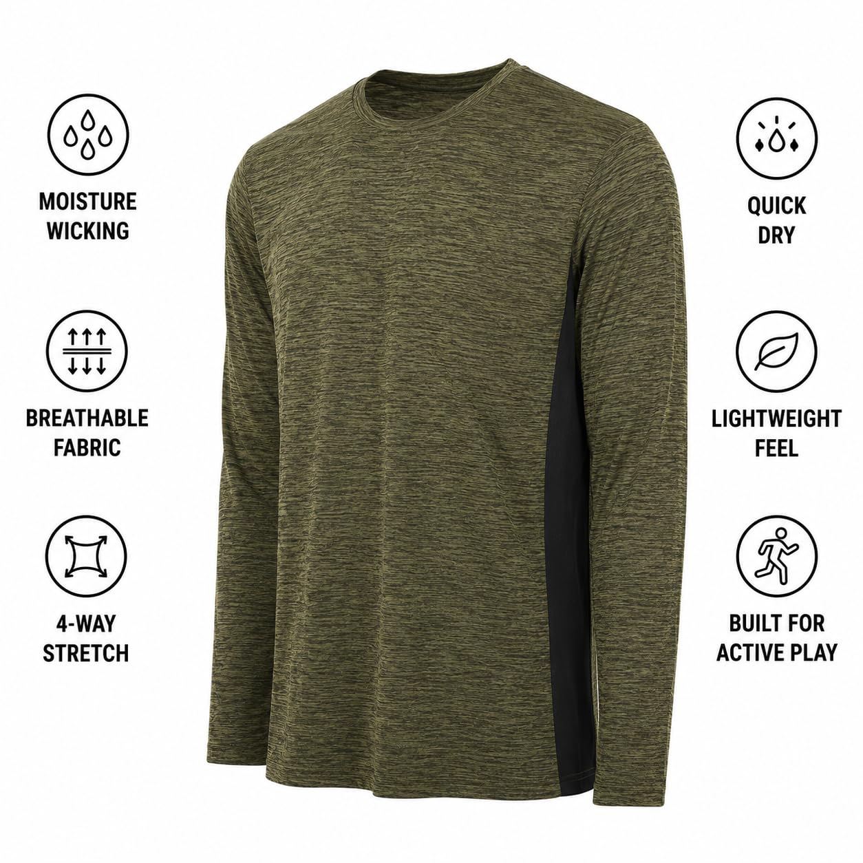 Essential Elements Jungen Sport-T-Shirt, schnelltrocknend, Rundhalsausschnitt, langärmelig, 5er-Pack | Leichter, feuchtigkeitsableitender Stoff mit 4-Wege-Stretch, atmungsaktiv für Sport, Fitnessstudio und aktives Spielen