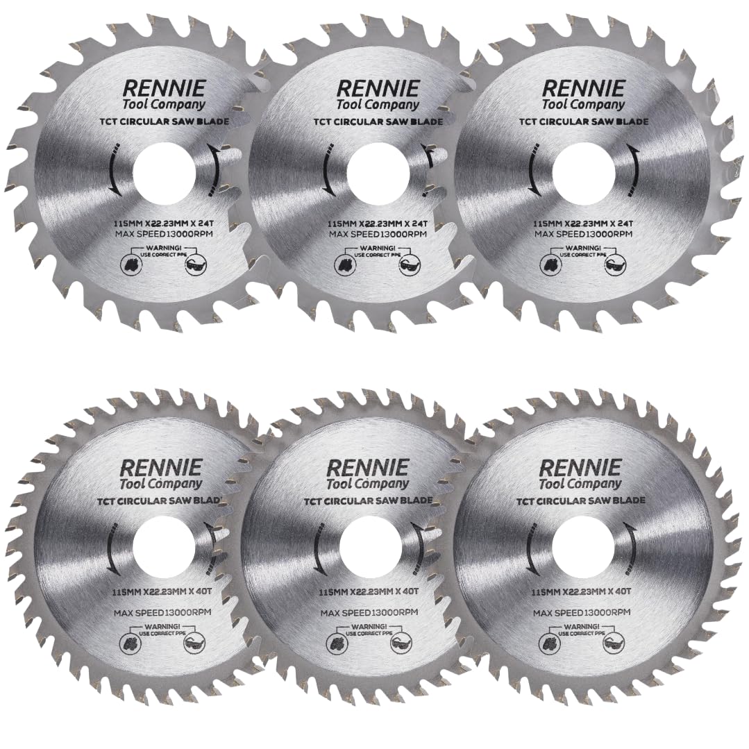 Pack Of 6 x 115mm Circular Saw Blade TCT Wood Cutter Blade. 24 Teeth (24T) & 40 Teeth (40T) Carbide Tipped Saws for Woodworking Wood Cutting 7/8 inch (22.23mm) Bore + 20mm and 16mm Reduction Rings.