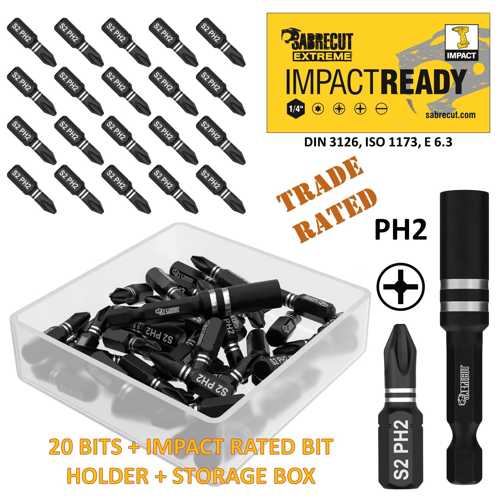 Image secondaire de 21 x SabreCut SCPA25_21PH 25 mm PH2 Jeu d'embouts de tournevis à percussion Phillips No.2 Heavy Duty avec porte-embout et boîte