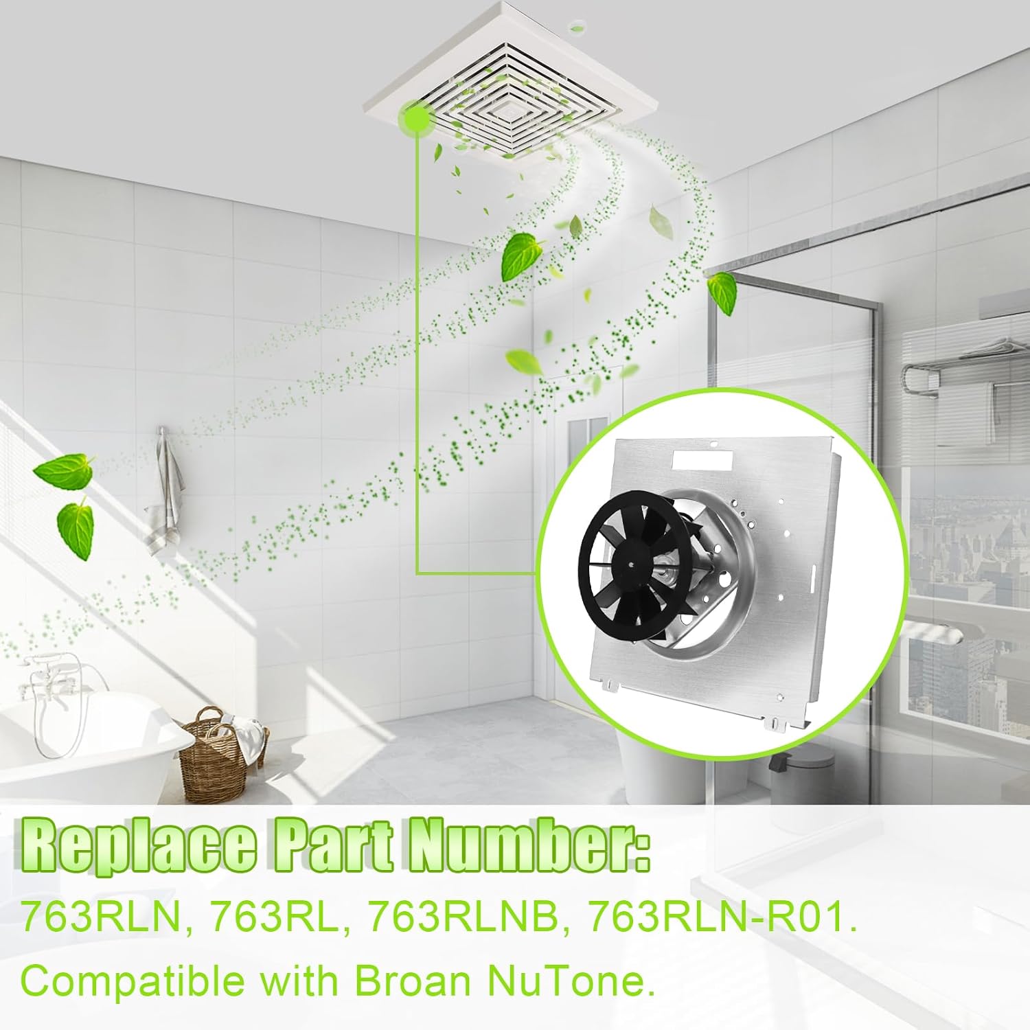763RLN B Unit, 763RL B Bathroom Fan Motor Assembly Compatible with NuTone, 763RLN, 763RL, 763RLNB, 763RLN-R01 Bathroom Fan 50 CFM, Fit 769RF, 769RL B Unit 70 CFM, S0503B000, 2.0 Sone, 9"x9"