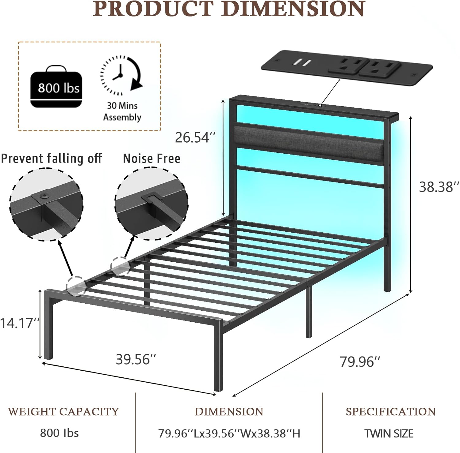 Twin Bed Frames for Kids, Metal Platform Bed Frame Twin Size with Charging Station and LED Lights, Upholstered Headboard and Storage Shelf, No Box Spring Needed, Easy Assembly - Image 2