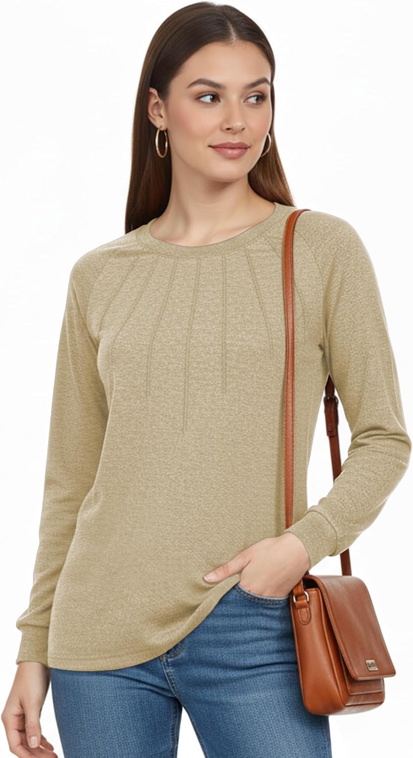 AURUZA Blouses for Women Dressy Casual Long Sleeve Shirts Tunic Tops Pletead Blouse Loose Dressy Tshirts Crew Neck Outfit - Image 5