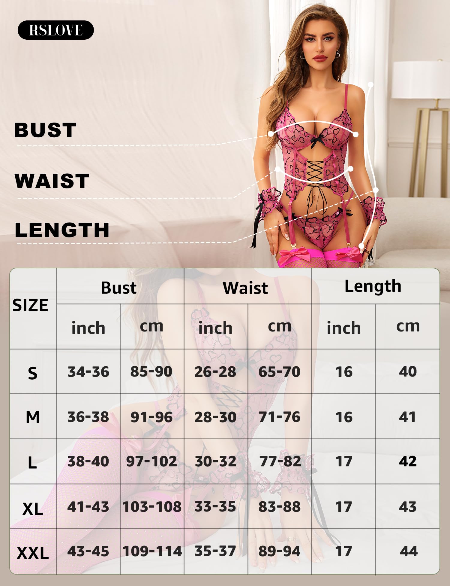 RSLOVE Lingerie Femme Jarretelle Babydoll - Ensemble de Lingerie Sexy 4 Pièces avec Porte-Jarretières Tenue en Dentelle Vêtements de Nuit
