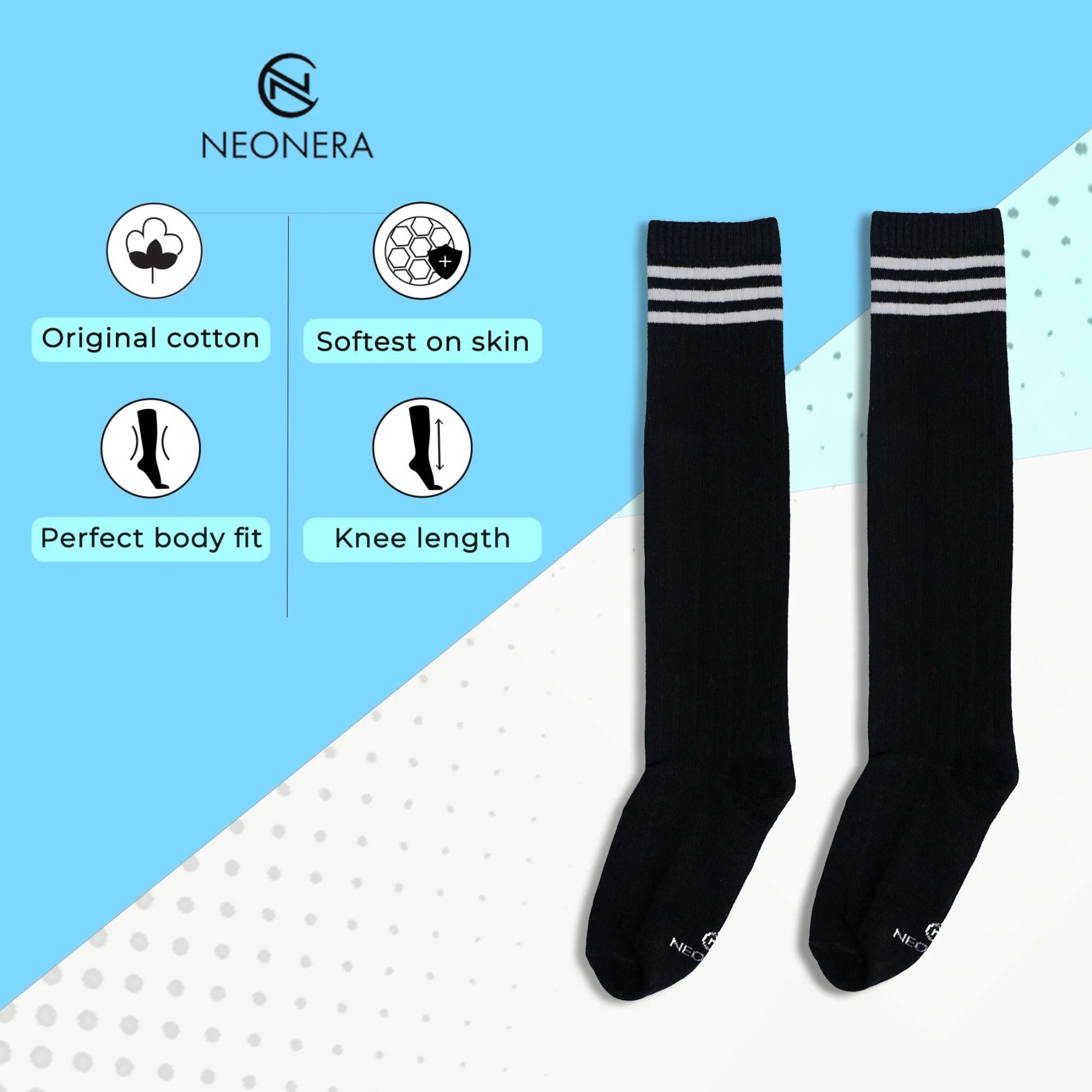 NEONERA Active Adventure Kids Socks – Pack of 3 Cotton Blend Knee-Length Socks for Kids |Breathable, Sweatproof & Comfortable Fit|Perfect for Everyday Wear |6–12 Years (IN, Age, 6 Years, 9 Years) 1