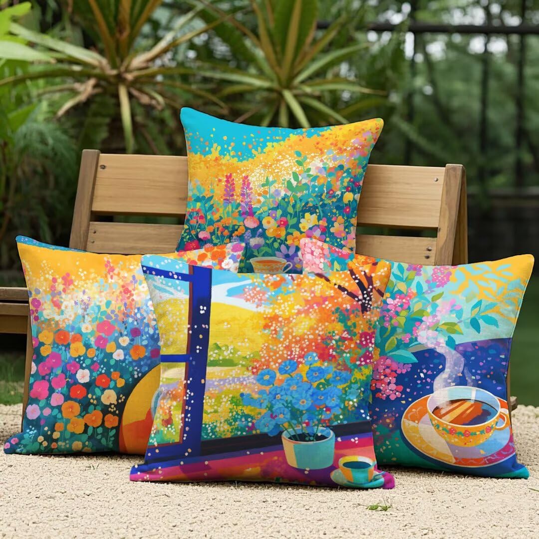 Fundas Cojines 45x45 cm Exterior Cojines Café Fundas de Almohada Juego de 4, Cuadrados Funda Cojin Cortijo Almohadas con Cremallera, Sofa Cama Decorativos para Hogar, Jardín, Salón y Dormitorio Ym289