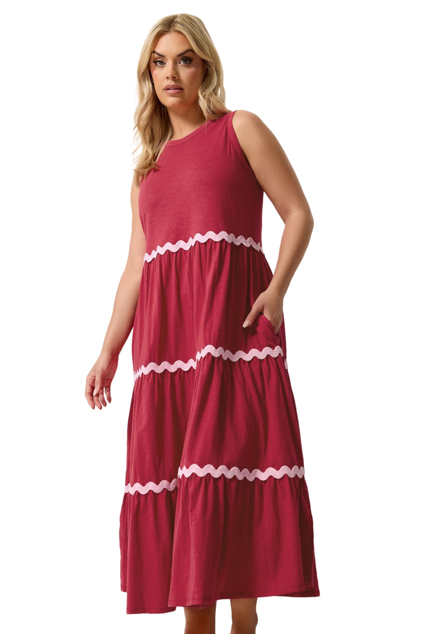 Yours Women's Crimson Curve Red Swirl Trim Tiered Maxi Dress - Plus Size Curve
