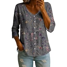 Linen Tops for Women 3/4 Sleeve V Neck Button up Tunic Shirt Loose Casual Summer Boho Peasant Blouse Vacation Clothes