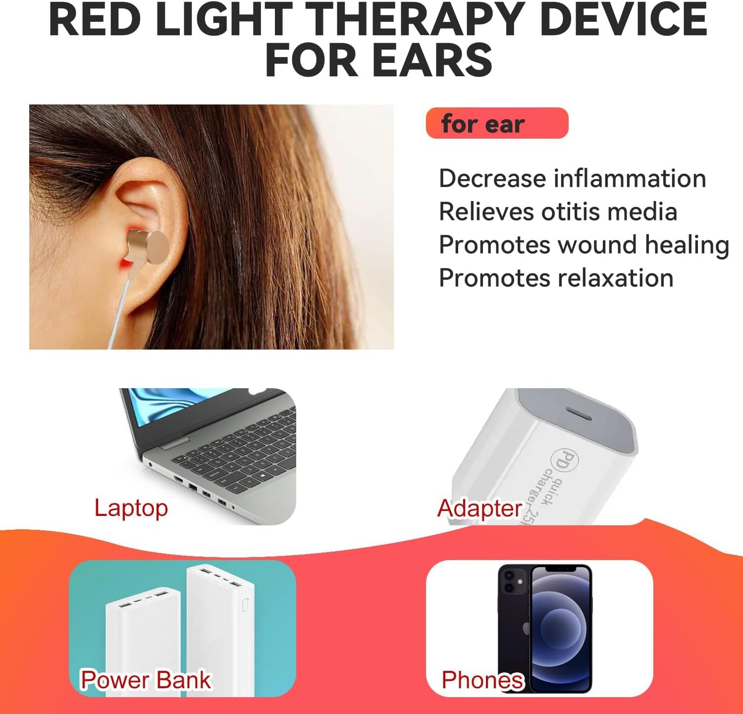 Red Light Therapy for Ears, USB Red Light Therapy for Ears, 650NM Red Light Ear Therapy Device with Nose Replacement Silicone Head, 2-in-1 - Image 2