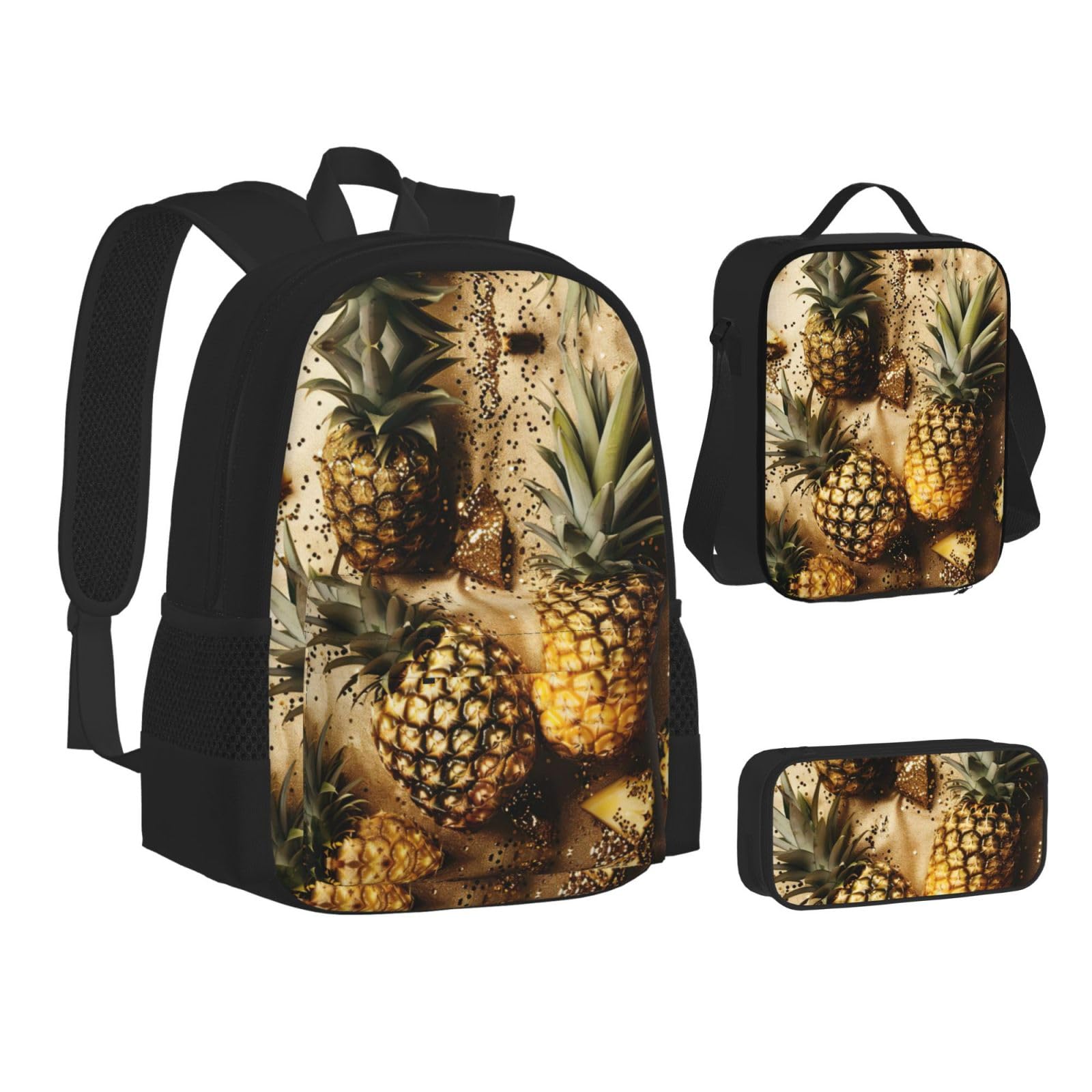Zainetto con ananas e frutta, 3 pezzi, 40,6 cm, per la scuola, con scatola per il pranzo, grandi zaini per la scuola elementare, Nero , Taglia unica, Set di zaini per la scuola