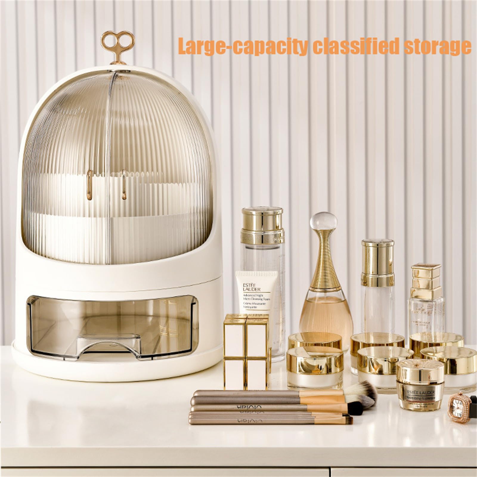 Organisateur de maquillage portable pour les soins de la peau, boîte à cosmétiques, organisateur de tiroir de maquillage avec couvercle anti-poussière (blanc perle)