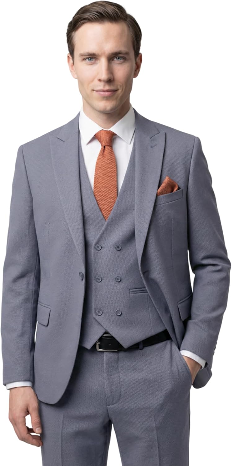 Men’s Pique Textured Suit Double Breasted Vest 3 Piece Wedding Business Set