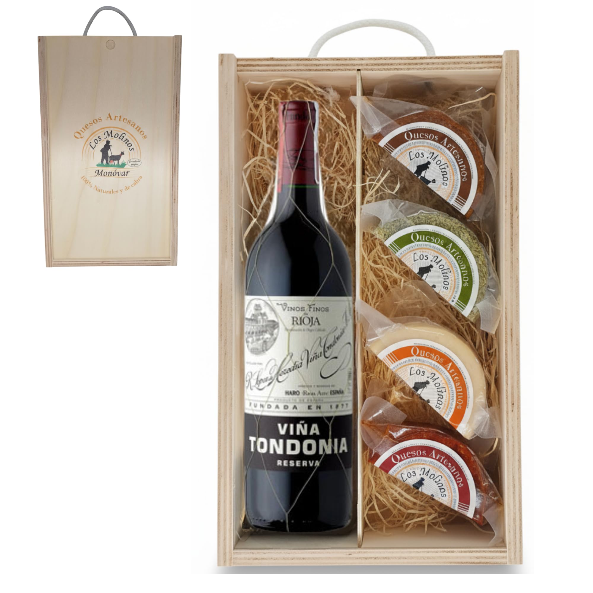 Estuche Gourmet 4 Quesos Artesanos de Leche Cabra con Botella Vino Tinto Viña Tondonia | Caja de Madera | Queso Semicurado, Romero, Pimentón y Curado | Regalo Gastronómico | Ganadería Propia