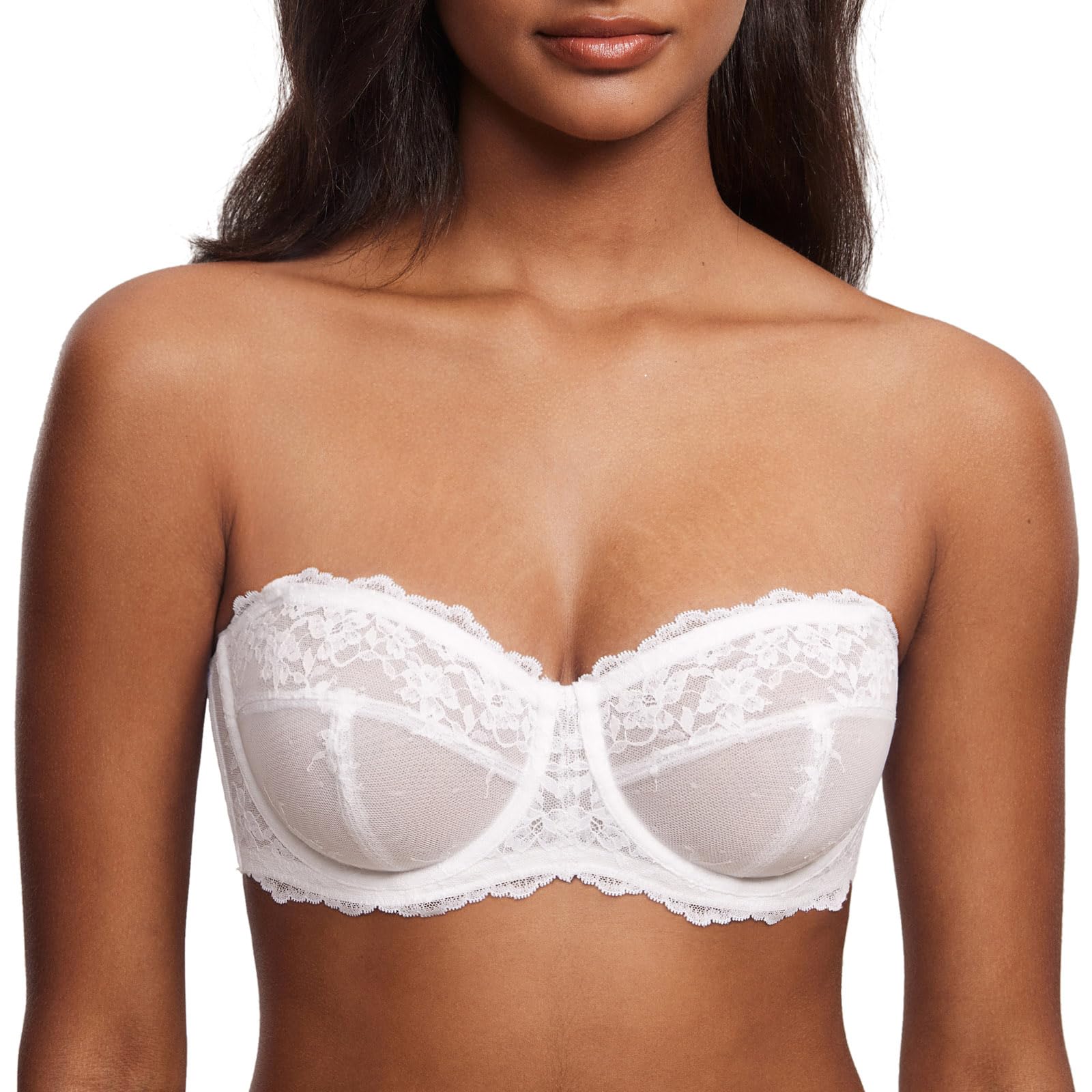 DOBREVA Trägerloser BH Sexy Spitze Bandeau Ungefütterter Bügel BH Durchsichtig mit Abnehmbaren Trägern