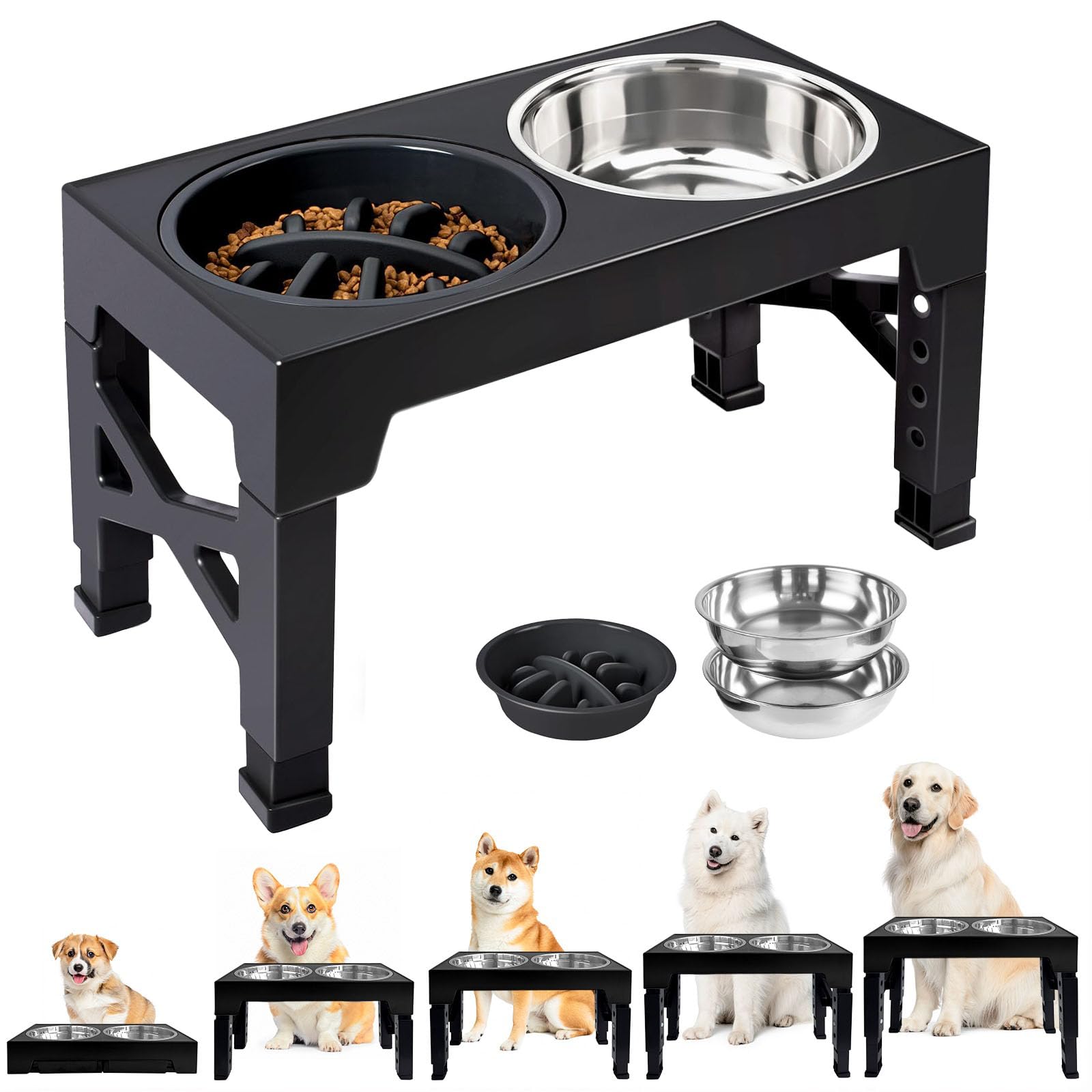 Niubya Elevated Slow Feeder Dog Bowl, Adjustable Raised Dog Food Bowls Stand with Slow Feeder Insert for French Bulldog, Pug, Small Medium Large Dogs, 5 Heights (8-31cm), Anti-Slip, Foldable, Black