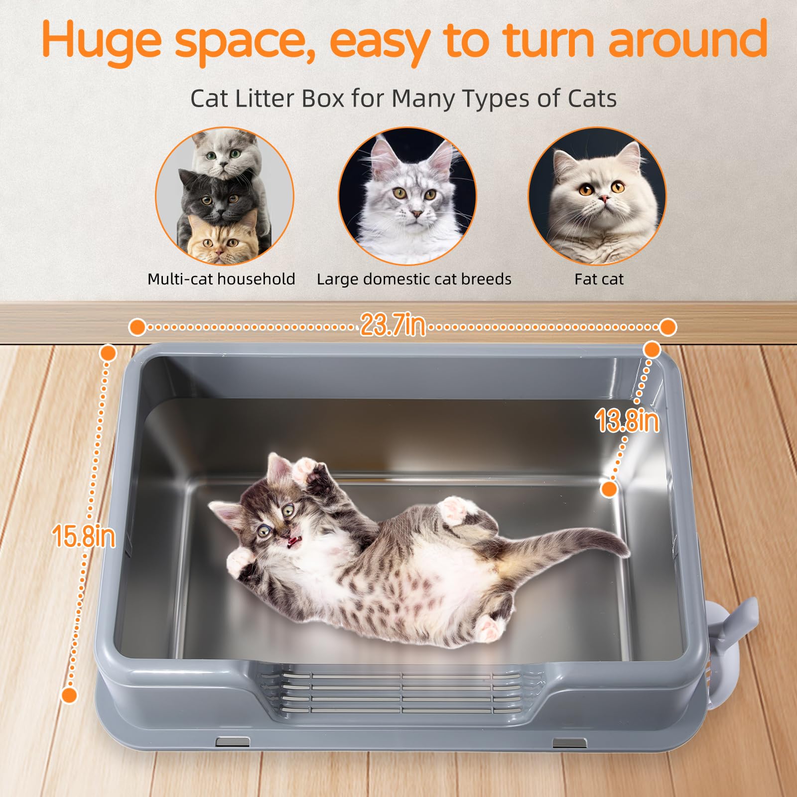 Stainless Steel Cat Litter Box with Lid, 23.7" L x 15.8" W x 13.8" H XL Metal Kitty Litter Box for Big Cats, High Sided Enclosure, Non-Sticky, Anti Urine Leakage, Easy Cleaning - image 2