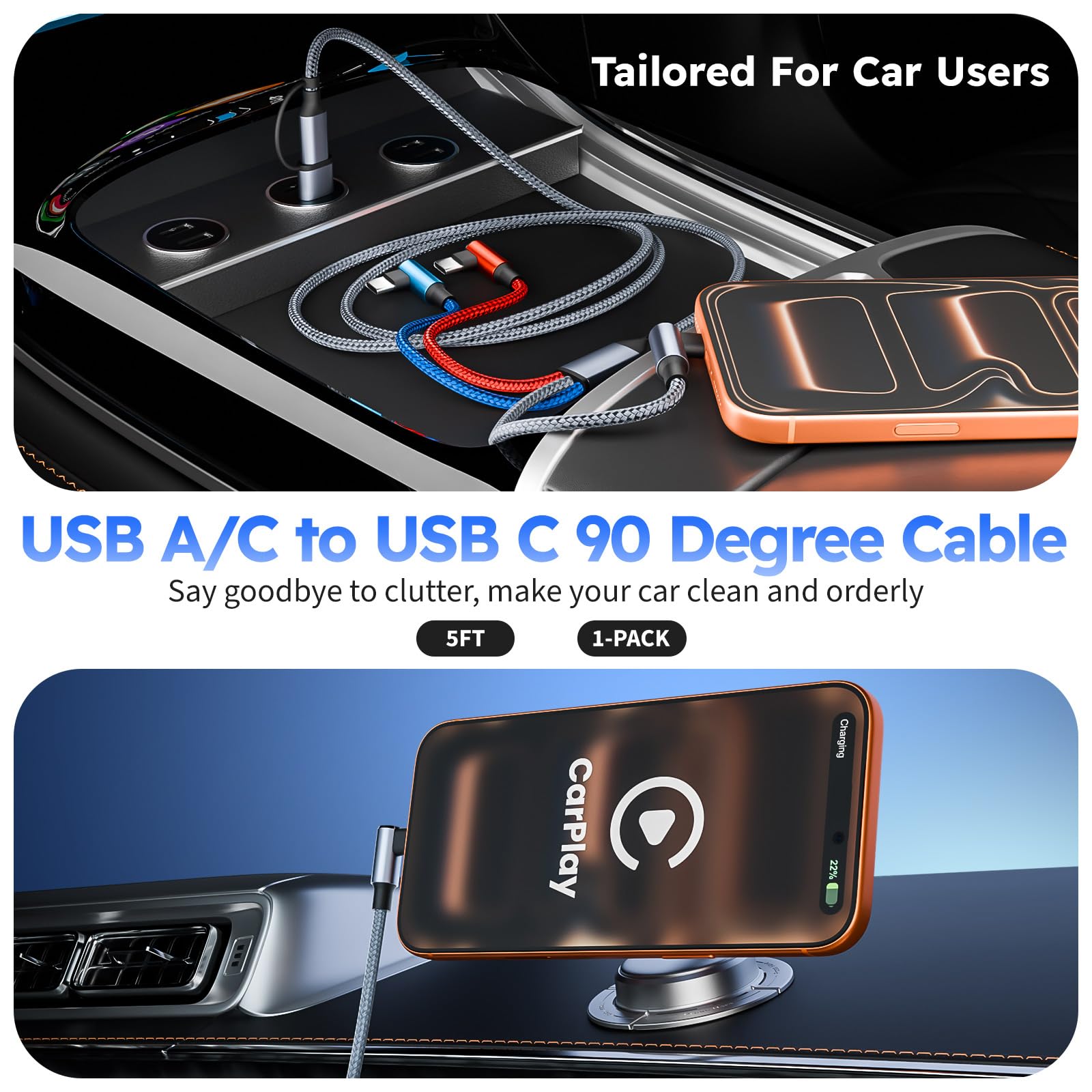 MPATIBY Cable USB A/C a USB C en ángulo recto, cable de carga trenzado tipo C de 90 grados de 5 pies, cable de carga USB C 3 en 2, cable de carga universal para teléfono con 3 puertos tipo C para
