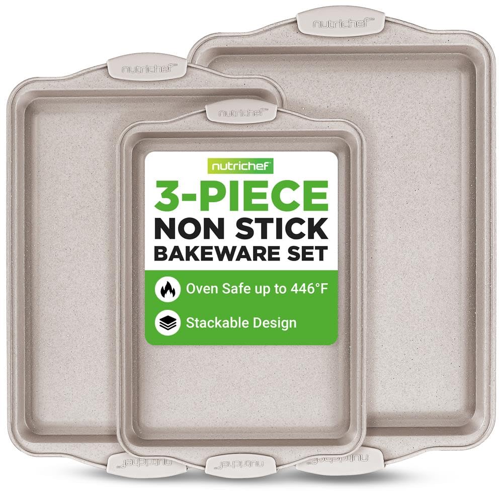 NutriChef Nonstick Cookie Sheet 3-Piece Set, Carbon Steel Baking Trays with Silicone Handles, Non Stick Baking Sheets, Cream Marble