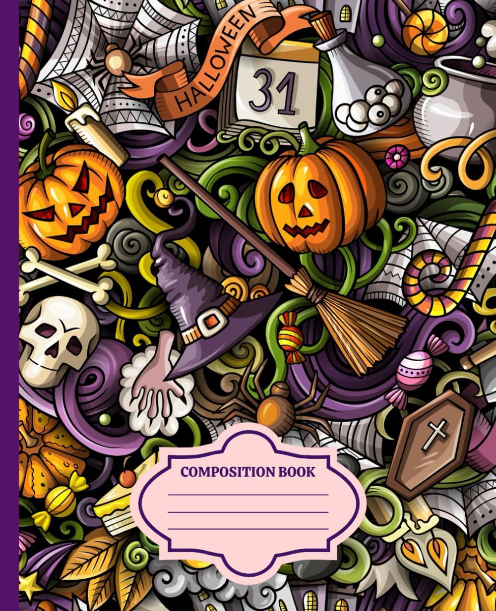 Composition Notebook College Ruled: Halloween Doodle Pattern | Lined Paper Journal For School, College, Office, Work - 7.5" x 9.25" - 110 Pages