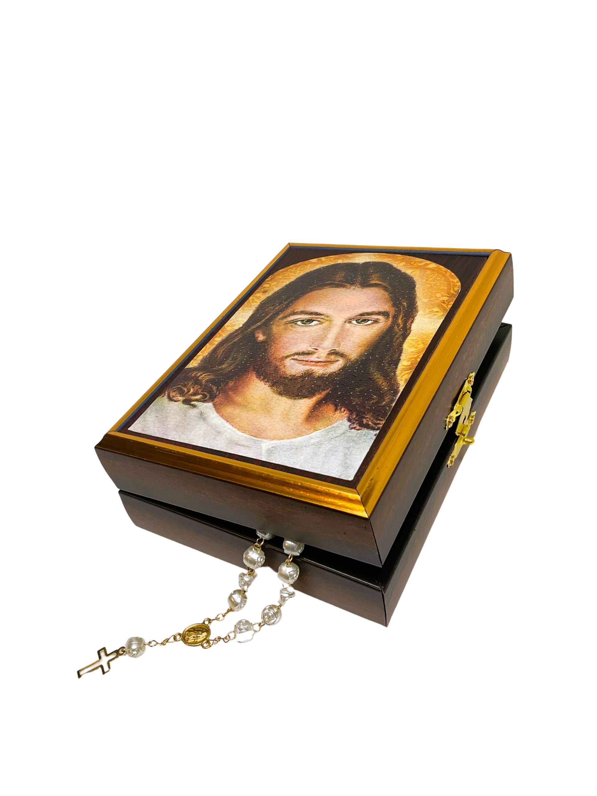 Jesus Merciful Misericordioso Handmade Wooden Rosary Case - 5.3 x 4.1 Inches