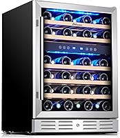 Kalamera 24-Inch Dual Zone Wine Cooler, 46-Bottle Capacity - Built-in or Freestanding Fridge with Wooden Shelves & Stainless Glass Door