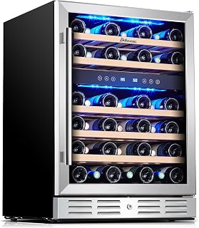 Kalamera 24-Inch Dual Zone Wine Cooler, 46-Bottle Capacity - Built-in or Freestanding Fridge with Wooden Shelves & Stainless Glass Door