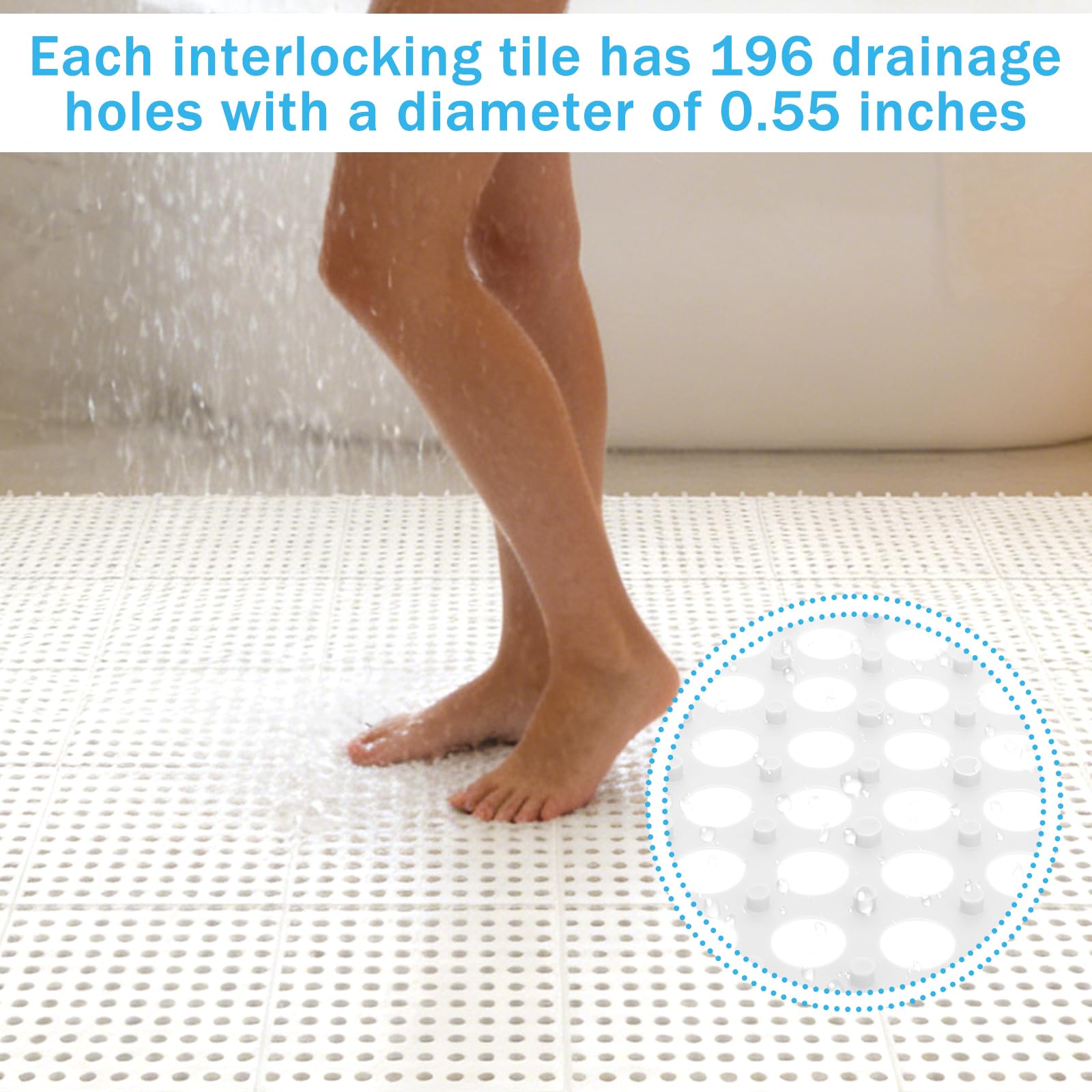 30 Pack 11.8” x 11.8” Interlocking Floor Tiles Bulk White Drainage Pool Flooring Mats Swimming Pool Non Slip Splicing Waterproof Splash Matting Mesh Doormat Modular Interlocking Water Drain 3x10 ft — Amazon image 4