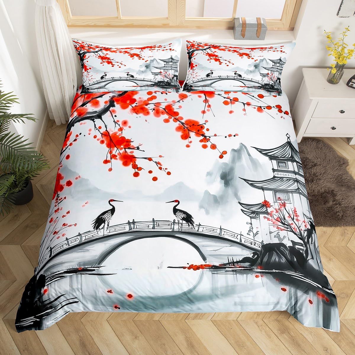 Loussiesd Japanese Style Duvet Cover Extra Large Ink Painted Mountain Bedding Bridge Pavilion Plum Print Bedding Set Gray Red Retro Style Ultra-Fine Fiber — image 1