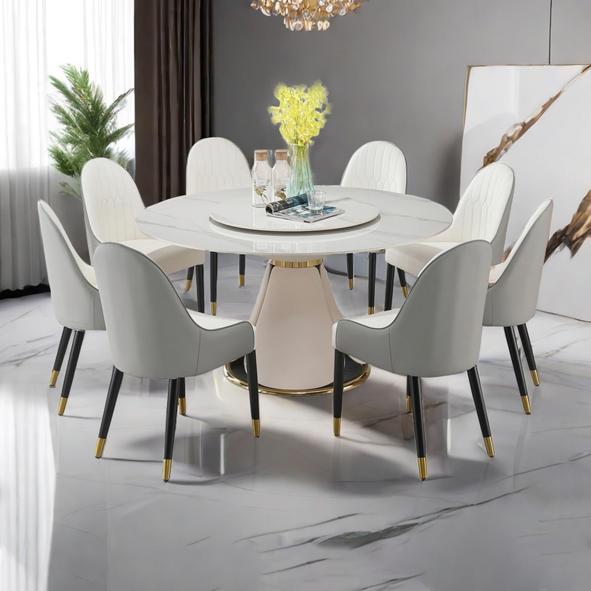 Montary 9 Piece Dining Table Set, Modern Dining Table Set of 8, White 59" D Faux Marble Dining Room Table with Lazy Susan, Sintered Stone Round Table
