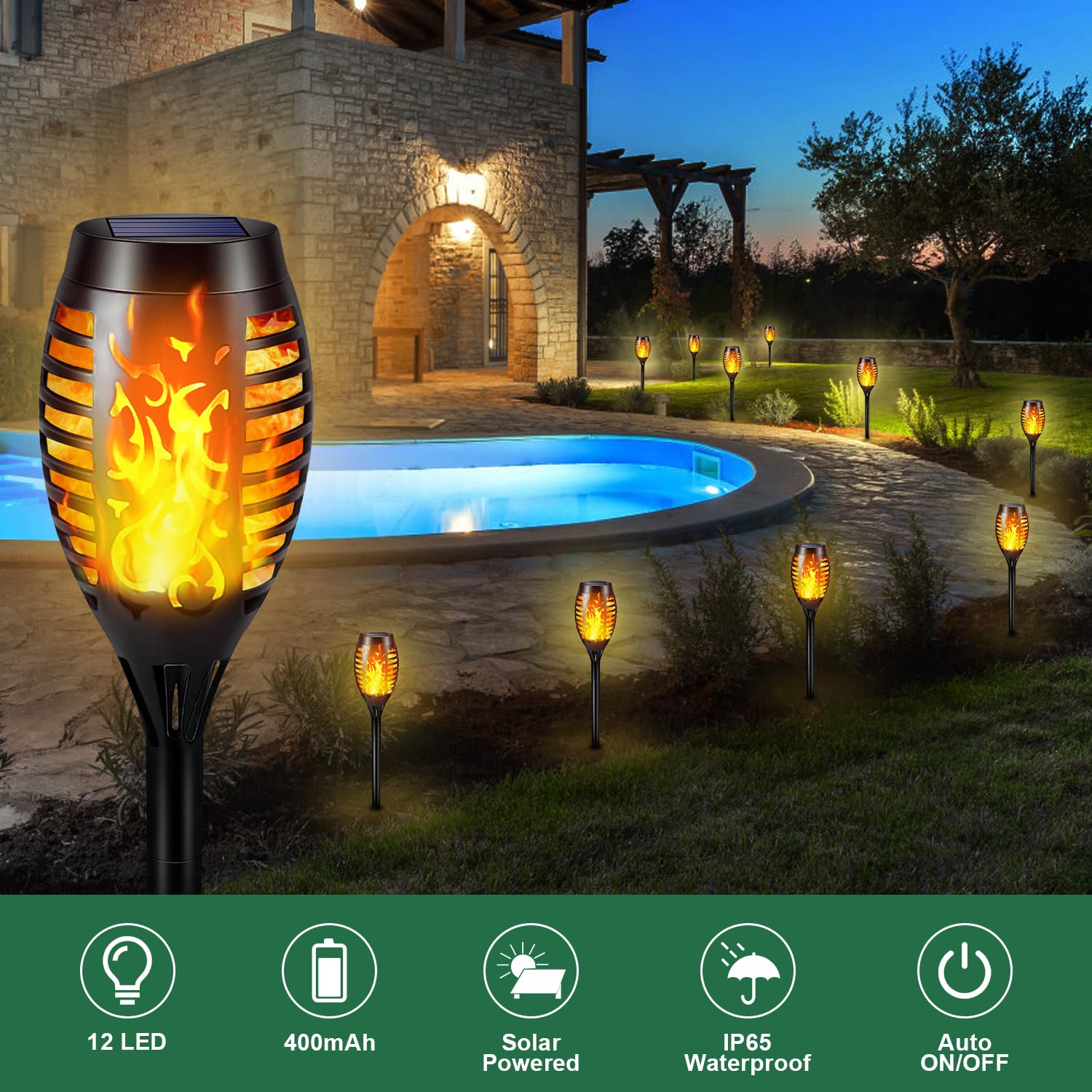 flysclean Solar-Außenleuchten – 8 Stück, 12 LED-Solar-Taschenlampen mit flackernder Flamme für Gartendekoration, Solar-Gartenleuchten, Outdoor, wasserdichte Solarleuchten für den Außenbereich, Hof