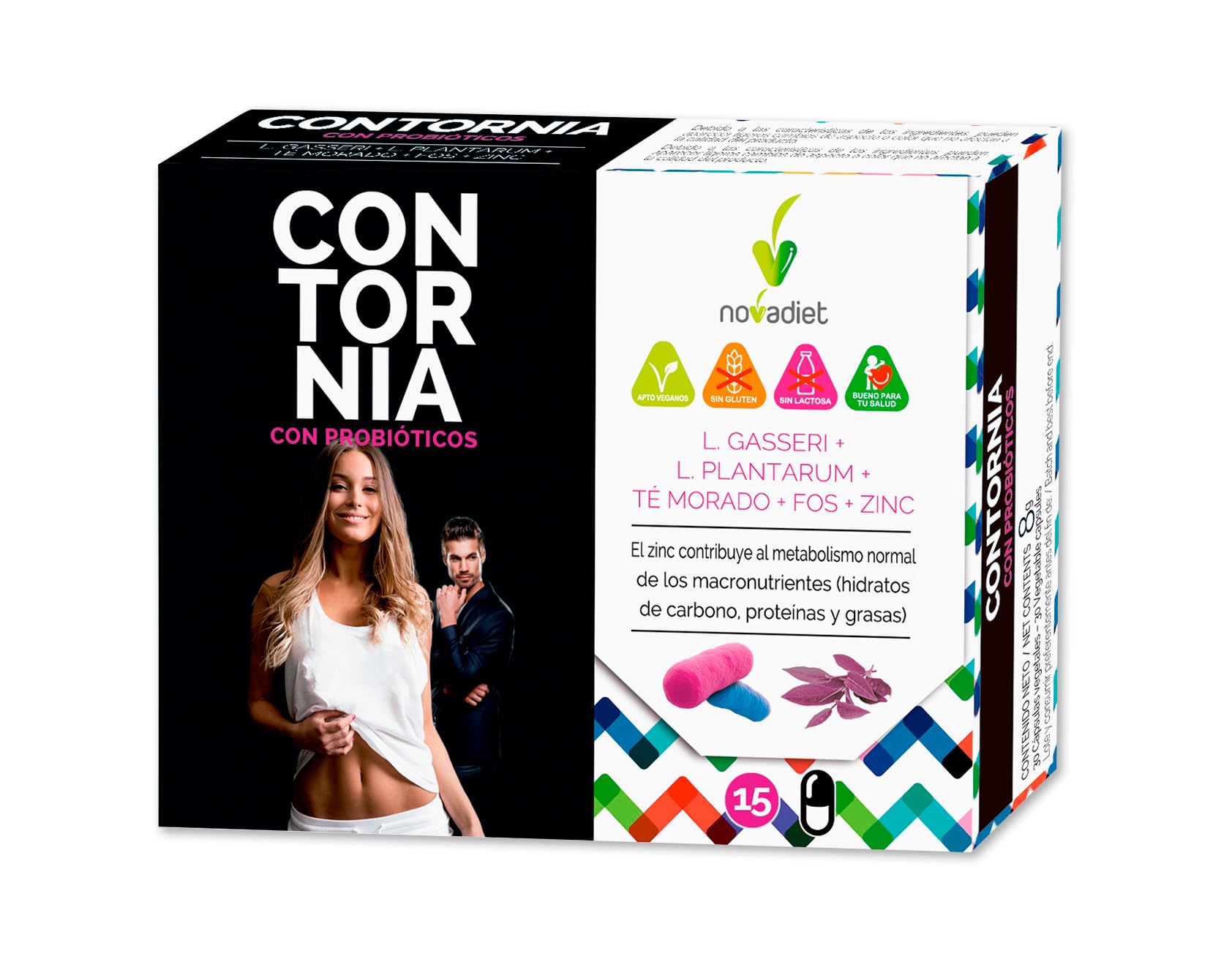 Novadiet - CONTORNIA Cápsulas con L. Gasseri y L. Plantarum - Control de Peso, Equilibrio Digestivo y Flora Intestinal - Microbiota Saludable - Ayuda en Sobrepeso, Obesidad y Adelgazar - 15 Cápsulas