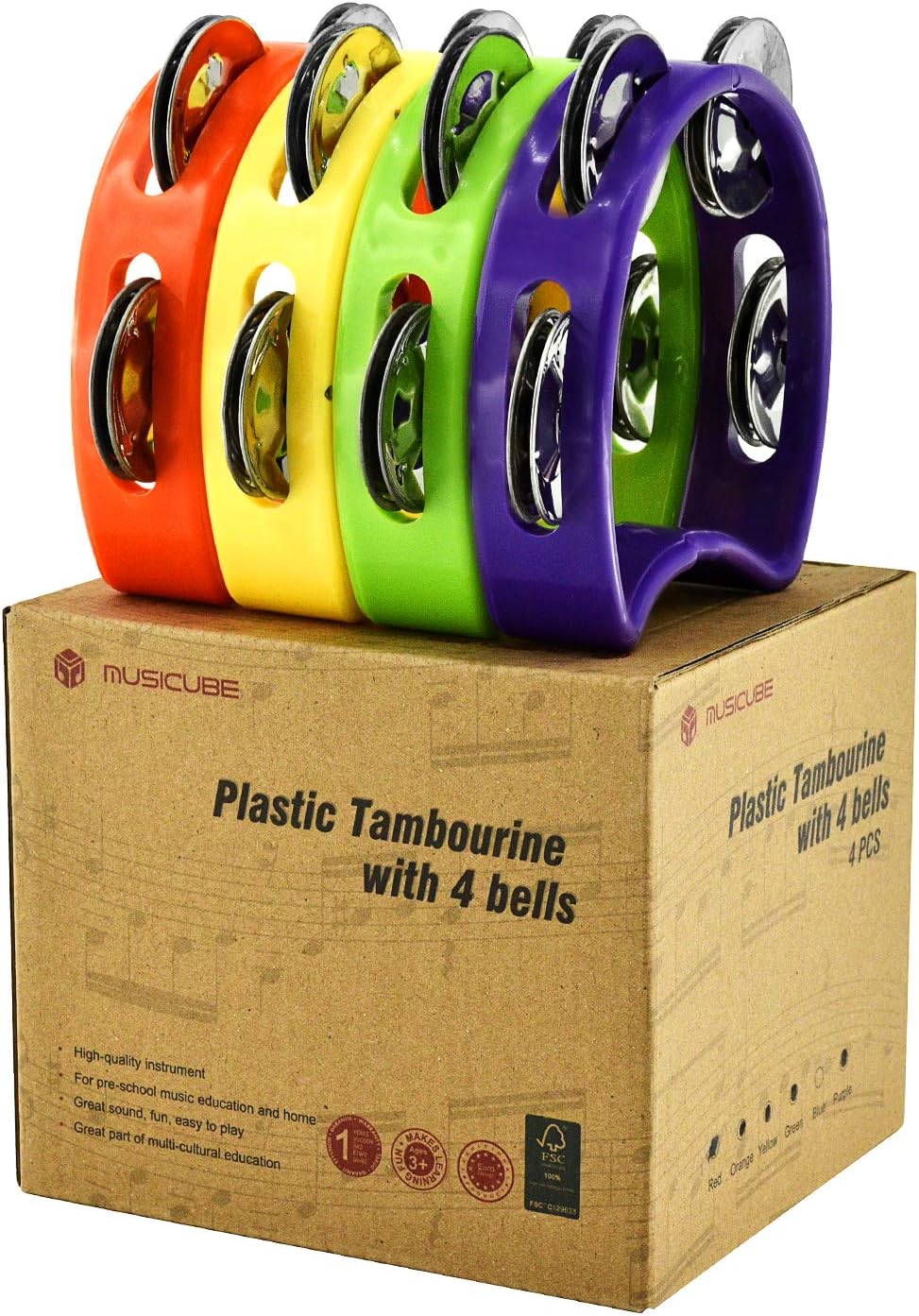 MUSICUBE Tambourine for Adults Kids 4 Pcs Plastic Percussion Tambourine with 4 Bells Hand Bell Musical Toys for Toddler Musical Rhythm Instrument for Kindergarten, Family and School Party Supplies : Musical Instruments