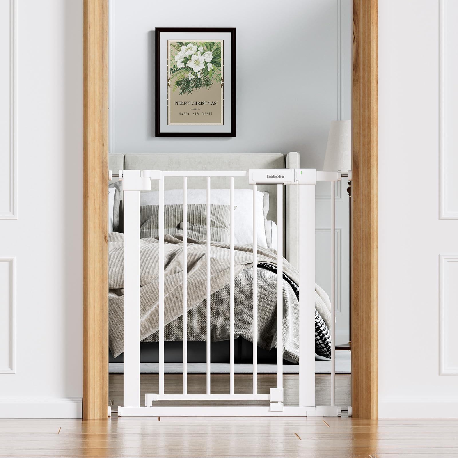 BABELIO Baby Gate for Doorways and Stairs, 26-31" Pet Gate with Wide Walk Thru Door and Lock Indicator, No Drill Pressure Mounted Safety Gate with Double Lock and Self-Closing, White