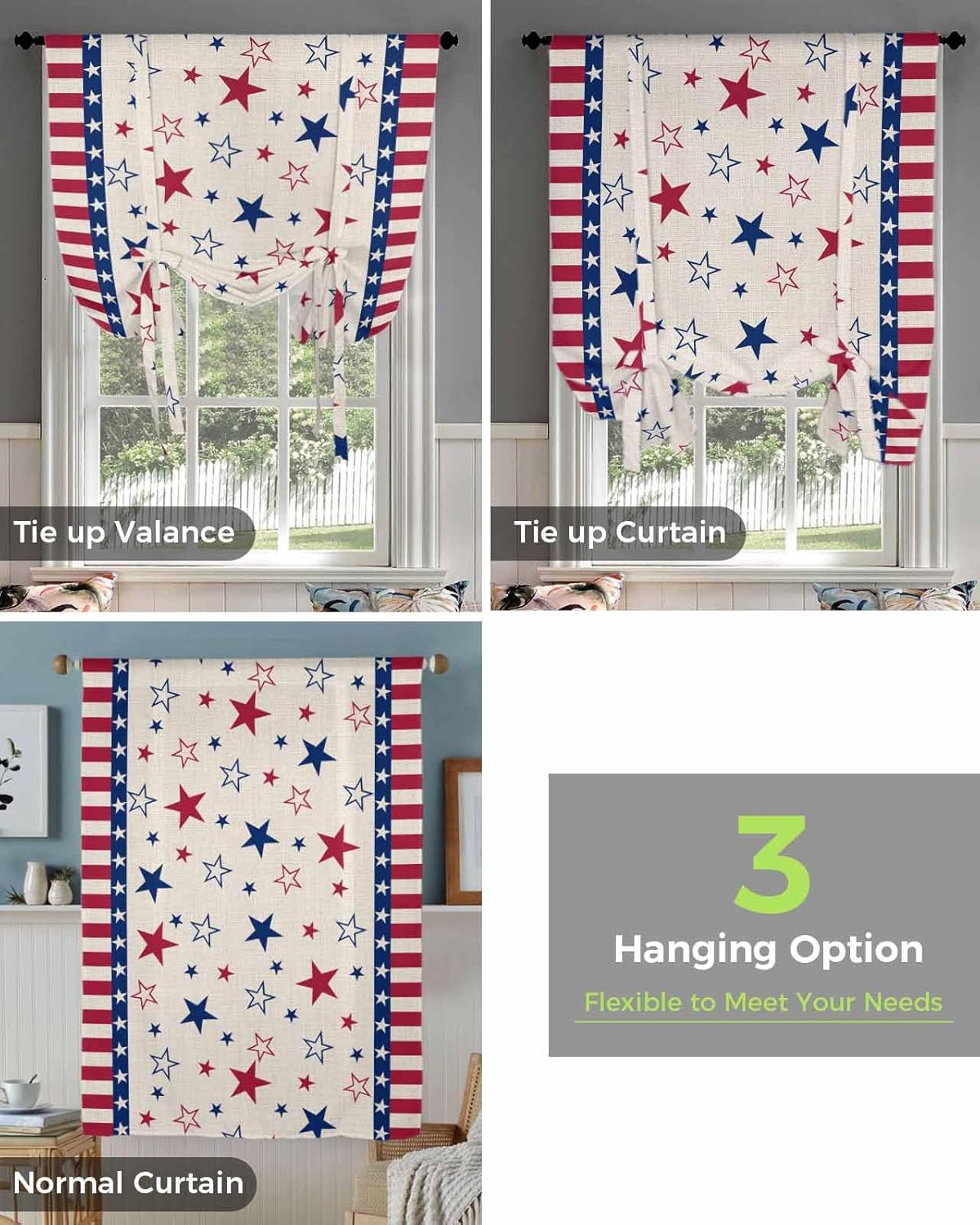 4th of July Curtains for Windows Stars Stripes on Vintage Linen Rod Pocket Window Shade Adjustable Balloon Curtain Valance Independence Day Red Blue for Bedroom Kitchen Bathroom Blinds,46x63in