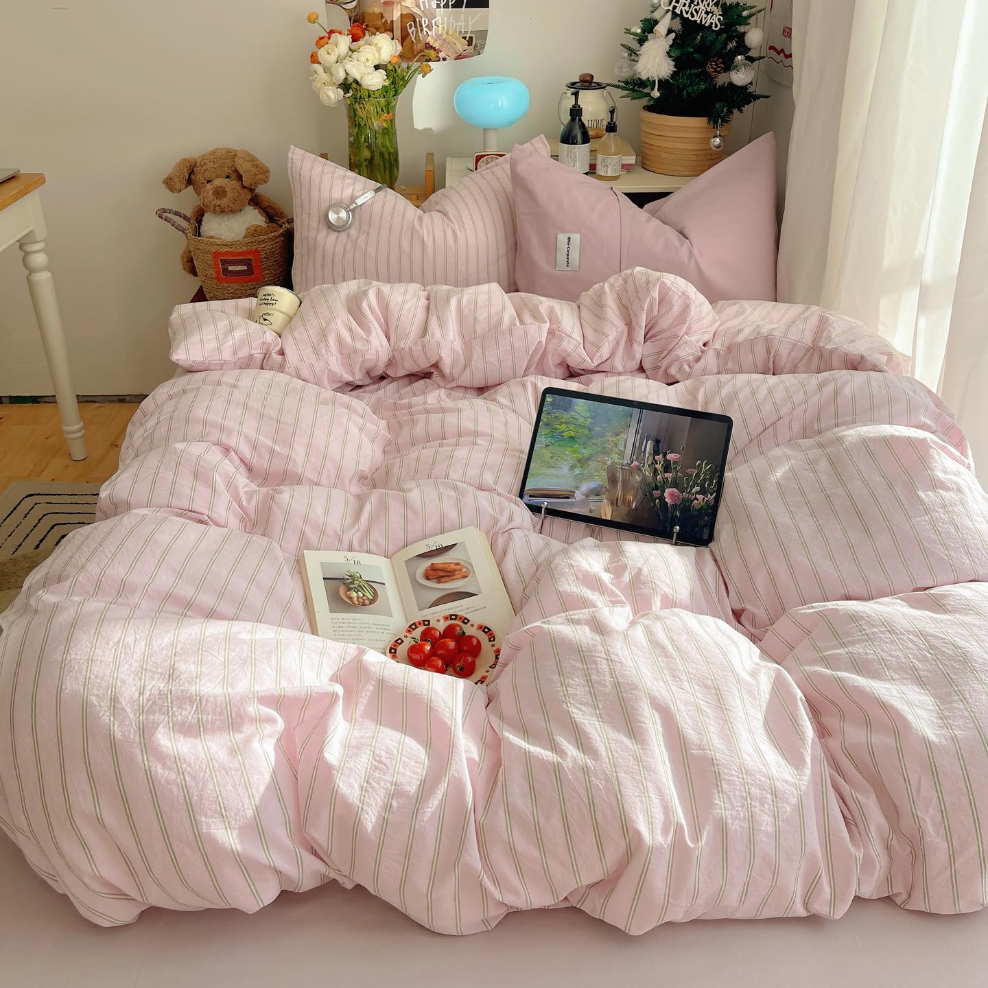 Covebett Striped Single Duvet Cover Sets Pink and Green Stripes Geometric