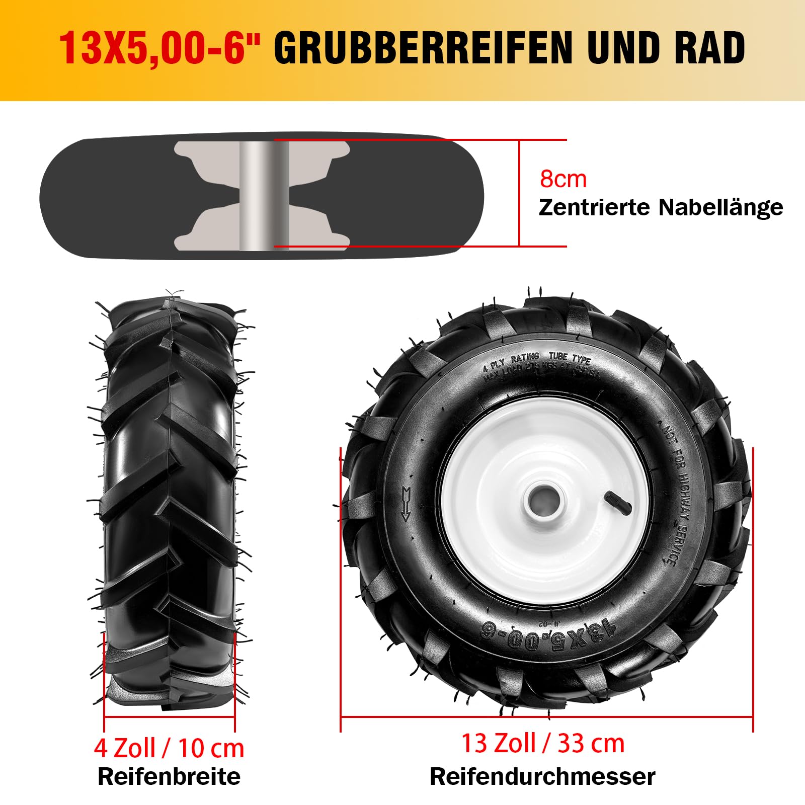 Pneu et roue de cultivateur 13x5.00-6" 2 Emballage à moyeu de 1 pouce et longueur de moyeu centré de 3-1/8 pouces, pneu de remplacement agricole à super crampons pour tracteur et trancheuse