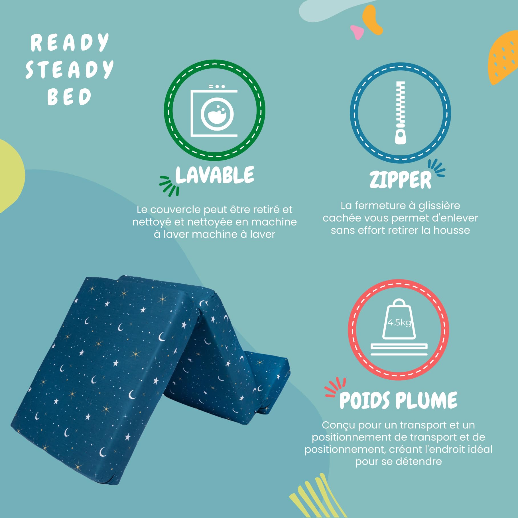Ready Steady Bed Canapé-lit Enfant Pliable | Chaise-lit pour Enfants Imperméable pour Une Personne | Mobilier Confortable pour Tout-Petits pour Salon, Salle de Jeux, Chambre à Coucher (Clair de Lune)