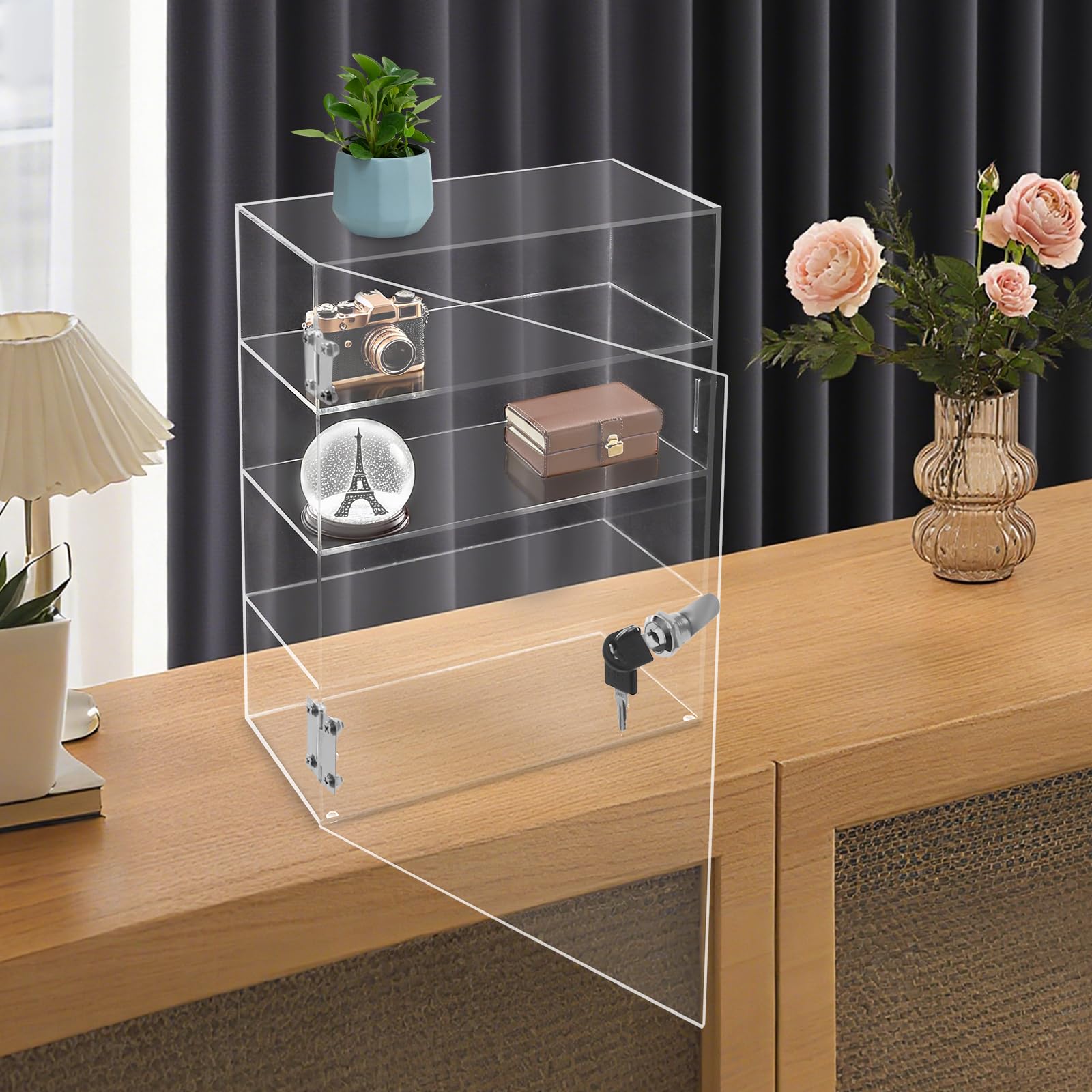 Acryl-Vitrine 30x15x40cm 4 Ebenen bis 12kg mit Schlüssel Transparenter Aufbewahrungsschrank