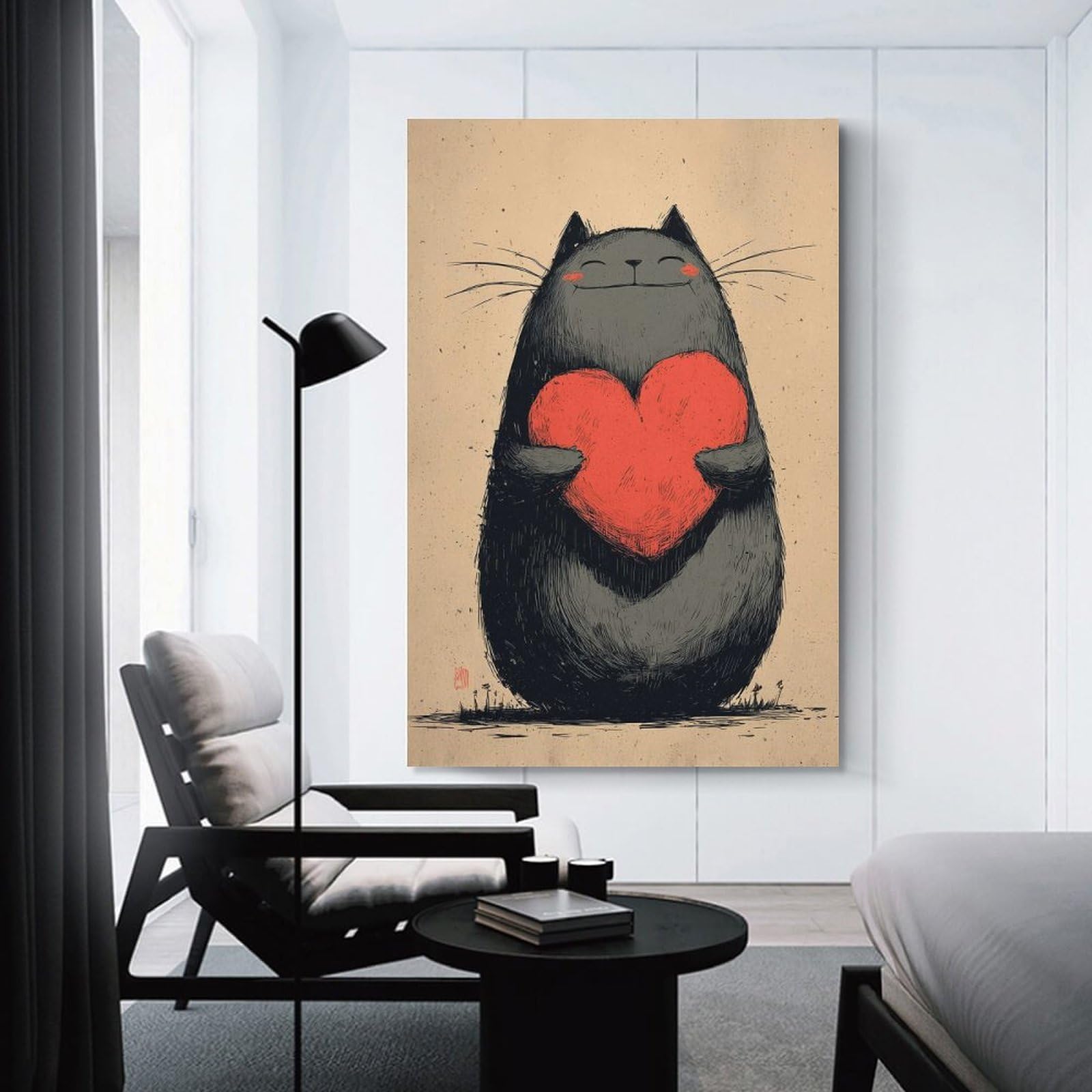 Junmoney Home Decor Wall Art Cat Holding Heart, 24x36inch(60x90cm), for New Homes, Bedrooms Or Workspaces, Decorative Present for New Homes