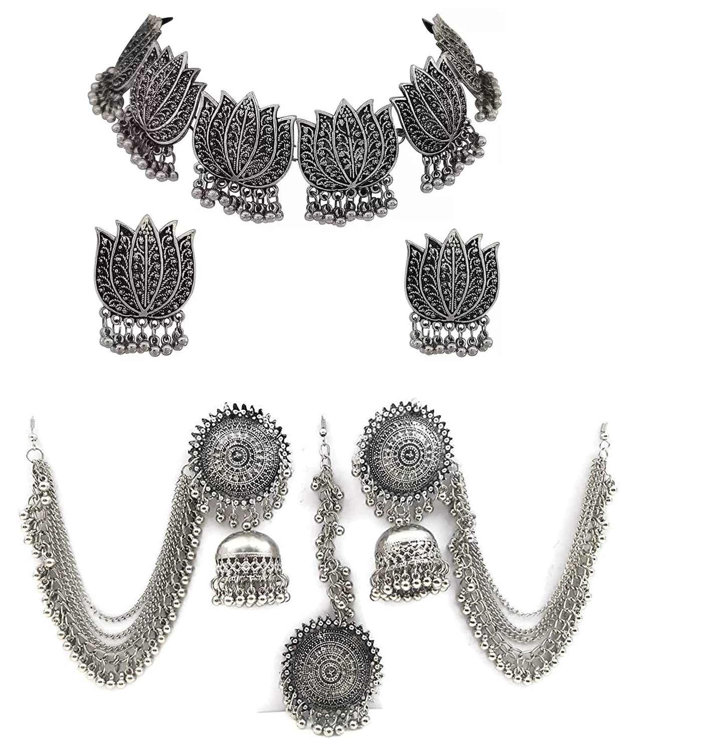 Zukhruf Oxidised Silver Beads Lotus Design Choker Necklace Set & Mangtika Earring Set (Combo Pack) for Girl & Women (B0BZZCGQ42) Amazon Price History, Amazon Price Tracker