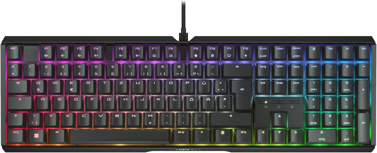 Product image of CHERRY XTRFY MX 3.1, Mechanische Gaming-Tastatur, Deutsches Layout (QWERTZ), RGB-Beleuchtung, Aluminium-Gehäuse, USB-A Anschluss, MX2A RED Switches, Schwarz