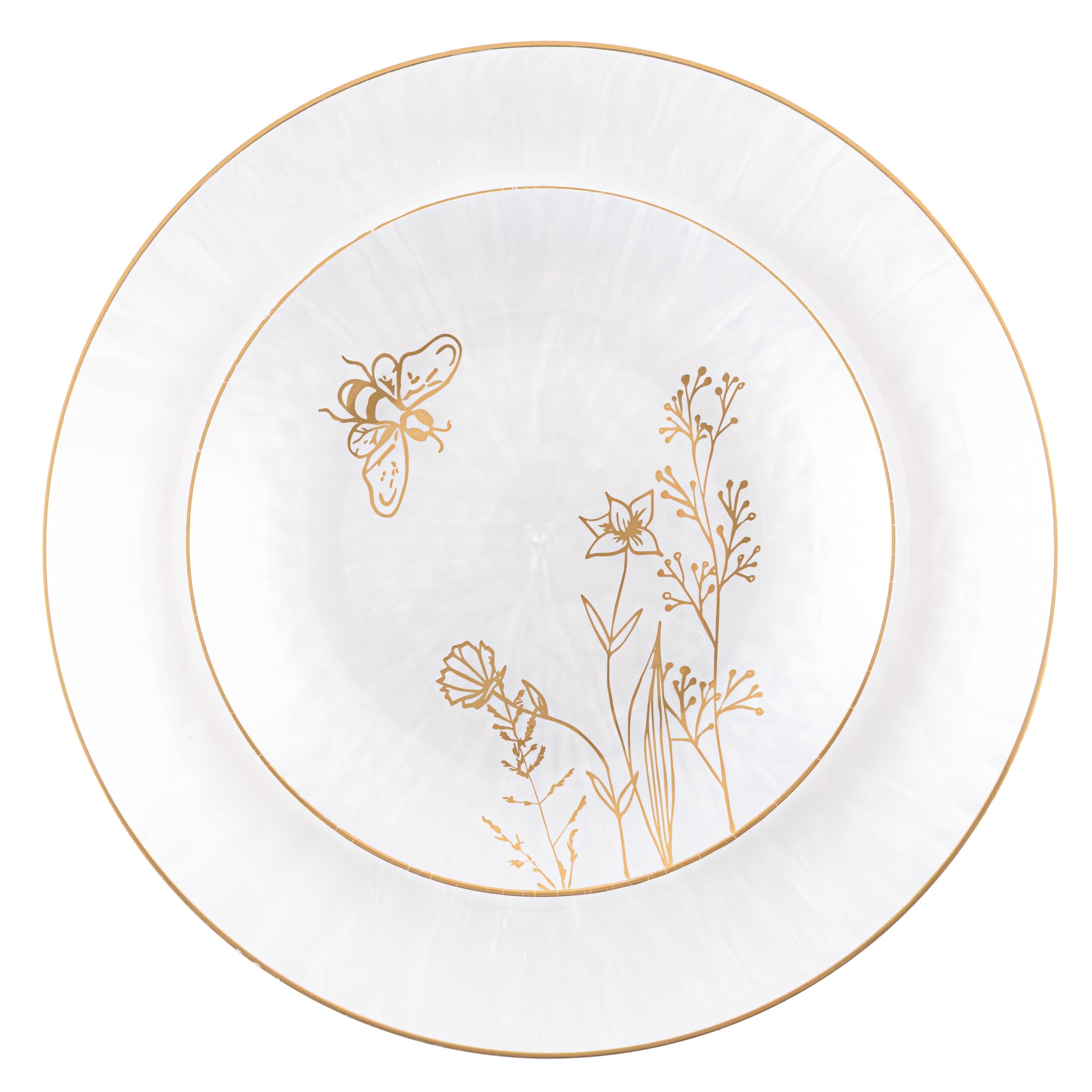 PLASTICPRO 96 Piece Honeybee Collection Pearl White With Gold Rim Combo Plastic Dinner Plates Disposable Plastic Fancy Heavy Duty Party Dishes 48, 7'' inch and 48, 10'' inch, Elegant Tableware
