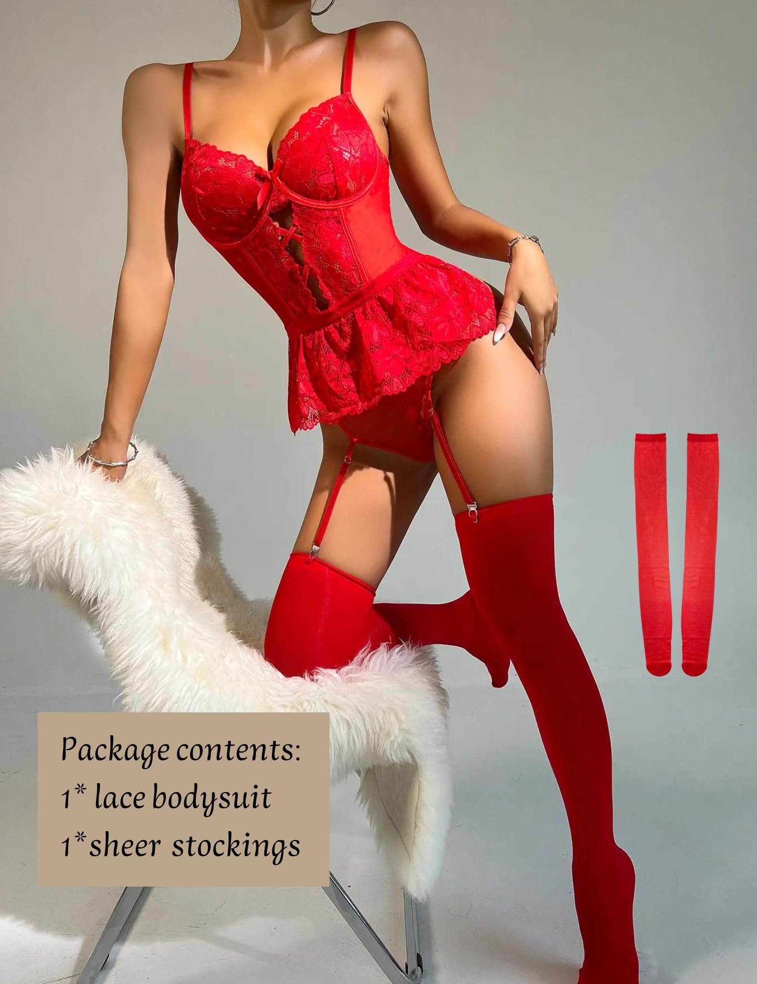 Komplet bielizny Teddy z pończochami, koronkowe body Bielizna na szelkach Bez pleców Przezroczysta siateczka Gorset Bielizna nocna Strappy Babydoll Trykot z głębokim V