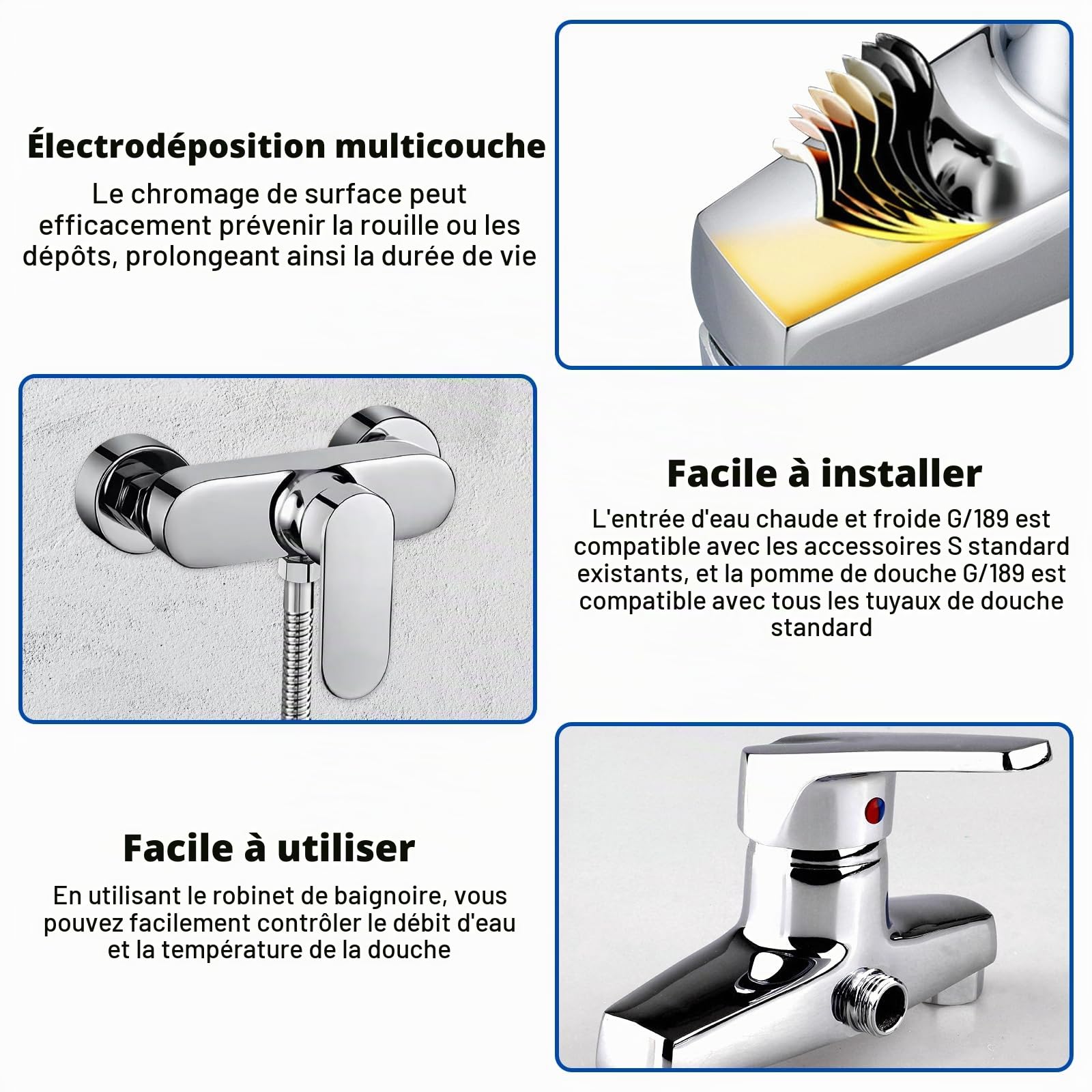 GBKDQQ Robinet de douche mitigeur monocommande : mitigeur douche, robinet de douche montage mural, robinet douche avec bec G ½, robinet pour salle de bain