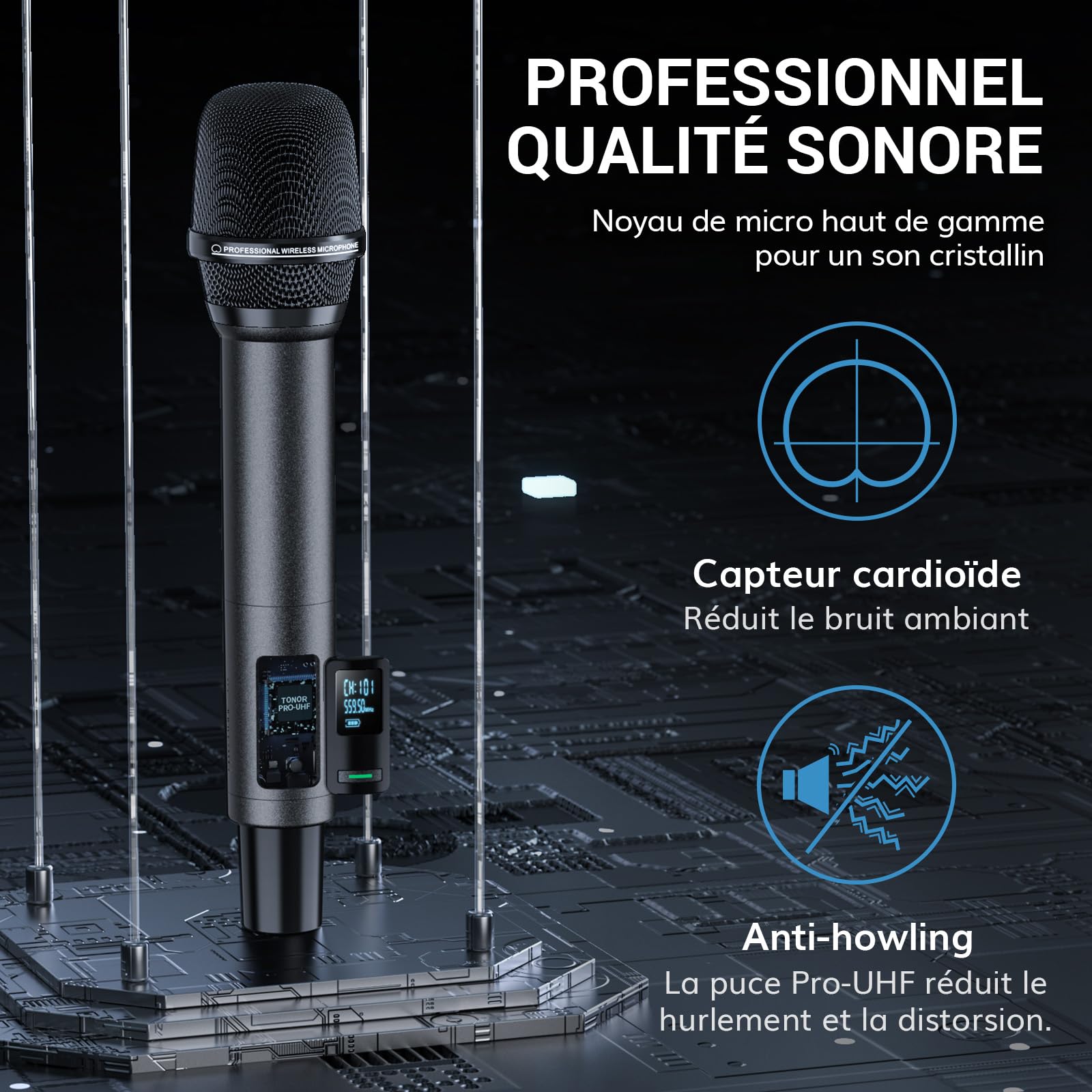 TONOR Microphone sans Fil Rechargeable Professionnel, Micro Dynamique en Métal 2x100 UHF, 80 M Range, TW520