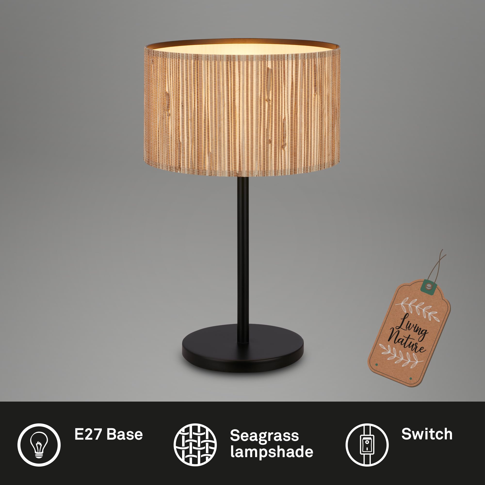 BRILONER - Tischlampe mit Seegras Schirm, Kabelschalter, E27, max. 10W, Lampe, Boho, aesthetic, Nachttischlampe, Tischleuchte, Dekolampe Flur, Bürolampe, Leselampe, Wohnzimmer, 25x41,5 cm, Natur