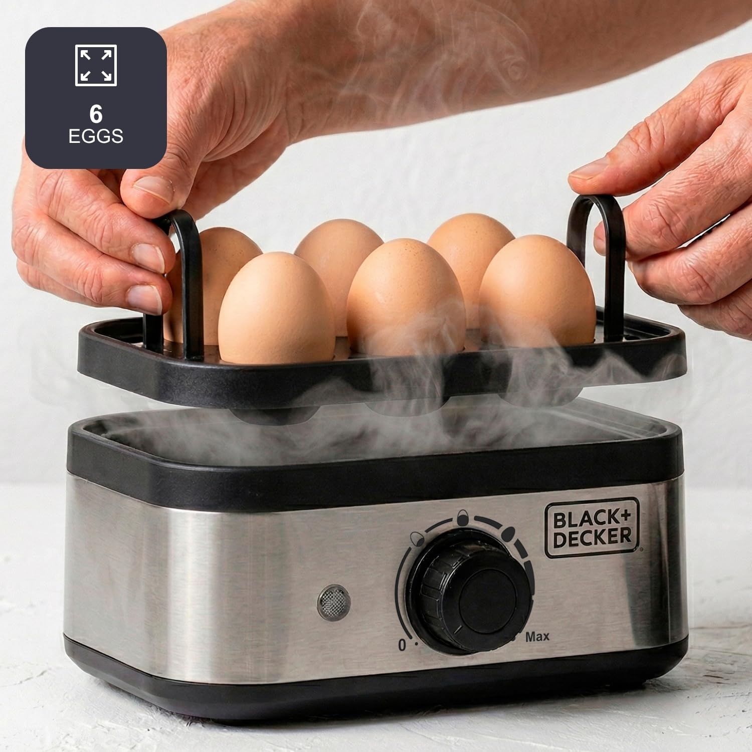 Black+Decker - Cuociuova elettrico 400W | 6 uova | 3 livelli cottura (morbido/medio/duro) | Spegnimento automatico | Segnale acustico | Parti lavabili in lavastoviglie