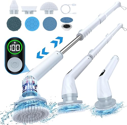 LABIGO Limpiador eléctrico giratorio LA4 Pro, limpiador de baño de doble velocidad con pantalla y 6 cabezales de limpieza de repuesto, limpiador